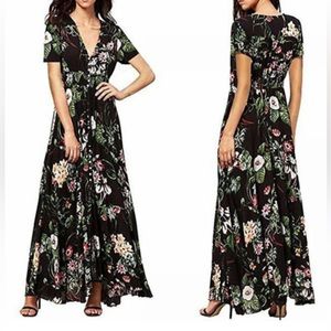 NEW floral dress Women's XL black short sleeve v neck button front cottagecore